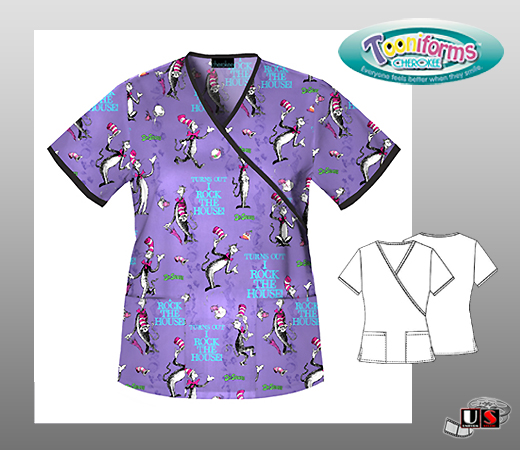 Dr. Seuss Cherokee Tooniforms I Rock Mock Wrap Scrub Top - Click Image to Close