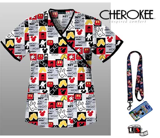 Disney Cherokee Mock Wrap Scrub Top - Mickey with Lanyard - Click Image to Close