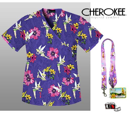 Disney Cherokee Mock Wrap Scrub Top - Tinkerbell Fairy Pretty - Click Image to Close