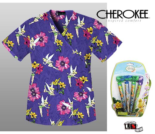 Disney Tinkerbell Cherokee Mock Wrap Scrub Top and Clip Pens - Click Image to Close