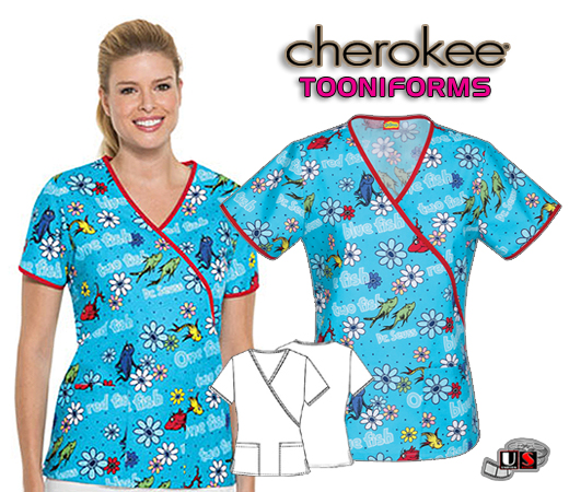 Cherokee Tooniforms One Two Red Blue Mock Wrap Scrub Top - Click Image to Close