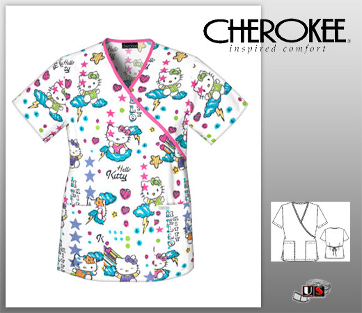 Cherokee Tooniform Mock Wrap Tunic - Scribble Hello Kitty - Click Image to Close