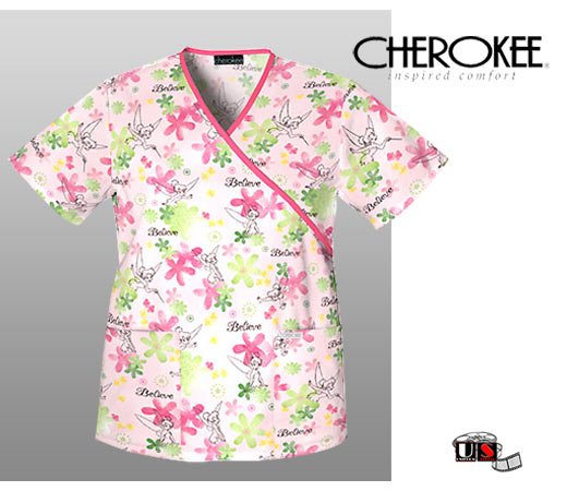 Disney Cherokee Mock Wrap Scrub Top - Tinkerbell Believe - Click Image to Close