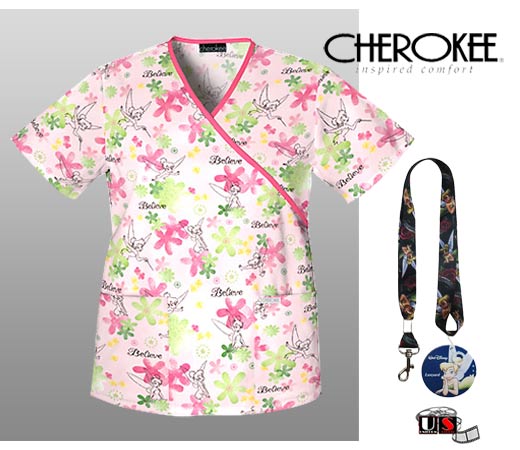 Disney Cherokee Mock Wrap Scrub Top - Tinkerbell Fairy Pretty - Click Image to Close