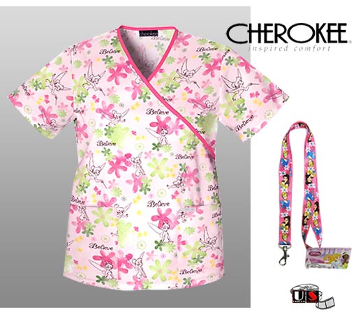 Disney Tinkerbell Cherokee Mock Wrap Scrub Top and Lanyard - Click Image to Close