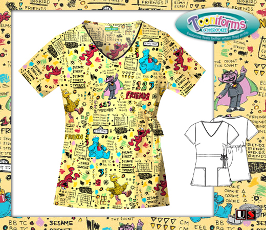 Cherokee Tooniforms Sesame Street Nom Nom V-Neck Scrub Top - Click Image to Close