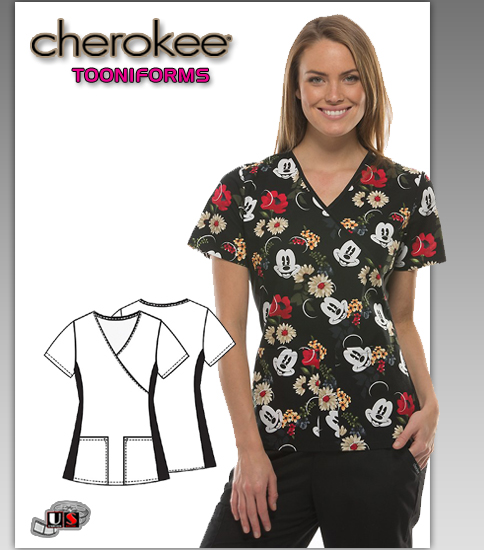 Cherokee Tooniforms Disney Floralista Mickey Mock Wrap Knit Pane - Click Image to Close