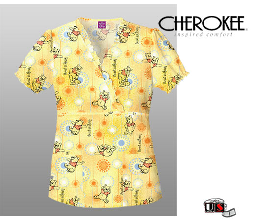 Disney Pooh Cherokee MockWrap Ruffle Tunic Scrub Top-Sweet As H - Click Image to Close