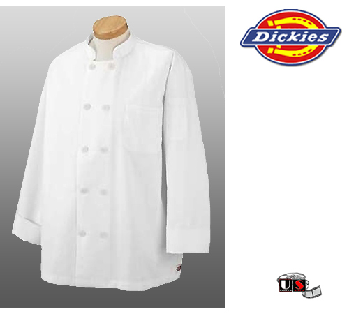 Dickies Chef Economy Coat with Dickies Logo Flat Buttons - White - Click Image to Close