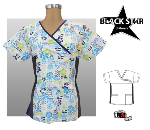 BlackStar Printed Mock Wrap Scrub Top - Blue Green Flowers - Click Image to Close