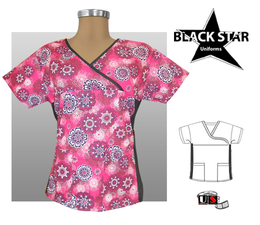 BlackStar Printed Mock Wrap Scrub Top - Pink Graphic Flowers - Click Image to Close