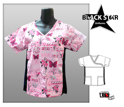 BlackStar Printed Mock Wrap Scrub Top - Pink Garden Flowers - Click Image to Close