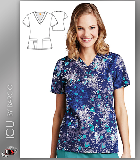 ICU by Barco Uniforms Women's V-Neck Celebrate Print Scrub Top - Click Image to Close