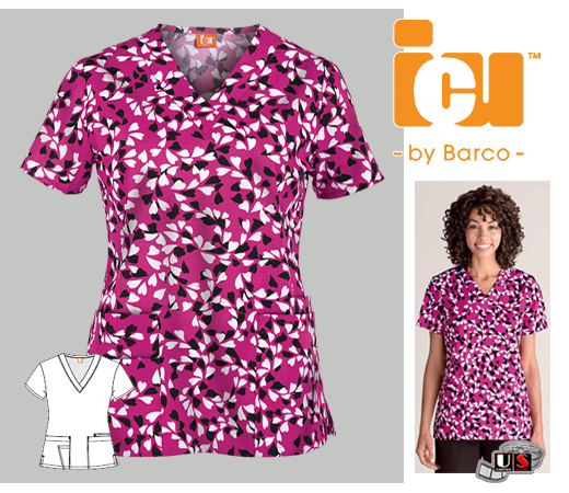 ICU Barco Uniforms Charming Women's Detail V-Neck Print Top - Click Image to Close