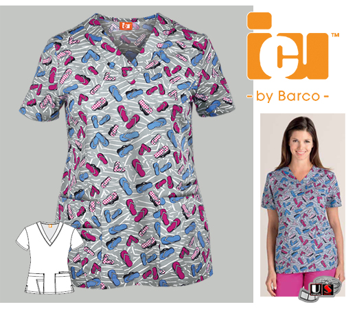 ICU Barco Uniforms Flip Flop Women's Detail V-Neck Print Top - Click Image to Close