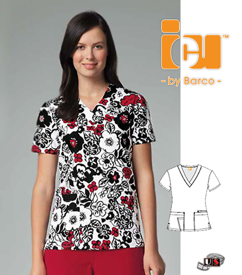 ICU by Barco Forget Me Not Flip Flop Print Scrub Top - Click Image to Close