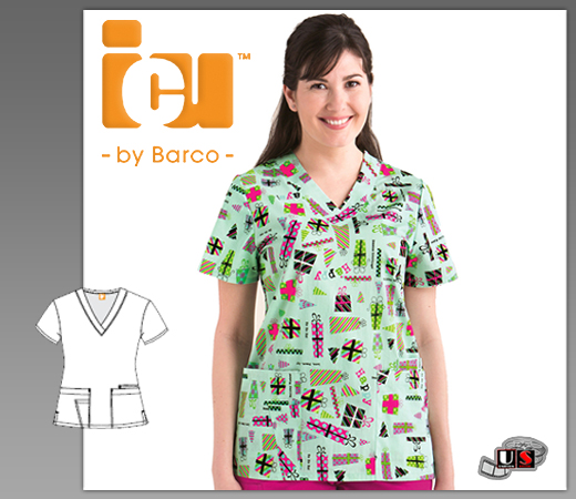 ICU Barco Uniforms Holiday Cheer Women's Detail V-Neck Print Top - Click Image to Close