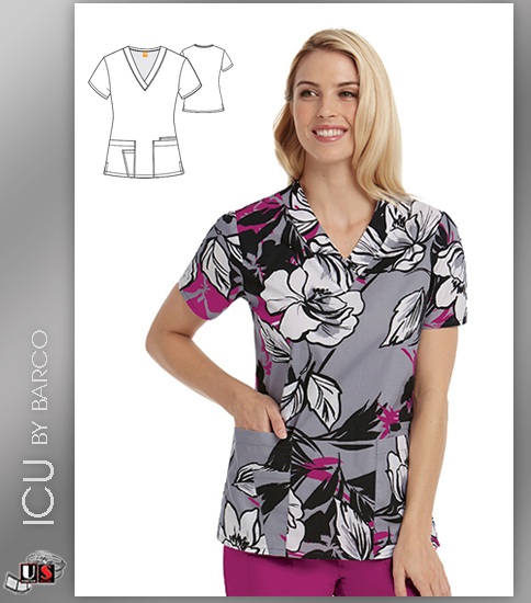 ICU by Barco Kauai Print V-Neck 4 Pocket Scrub Top - Click Image to Close