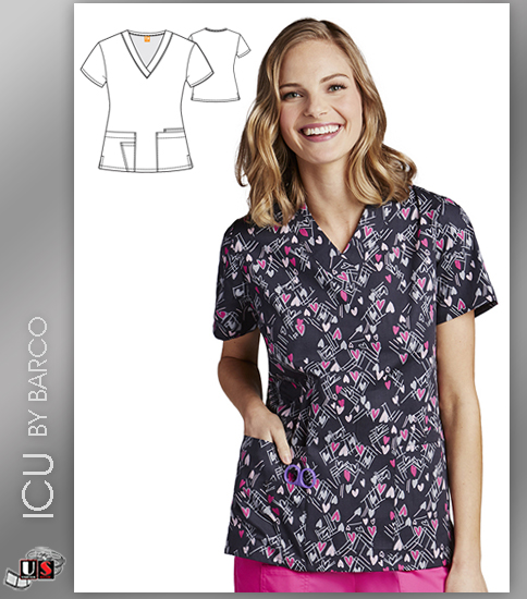 ICU by Barco Uniforms Women's V-Neck Lovehearts Print Scrub Top - Click Image to Close