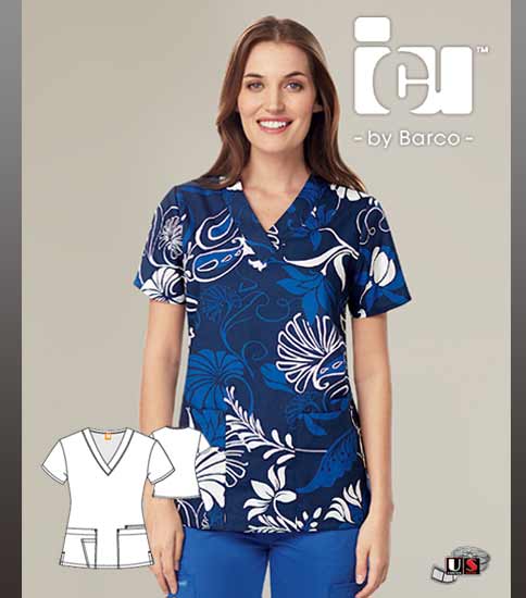 ICU by Barco Nathalie Print V-Neck 4 Pocket Scrub Top - Click Image to Close