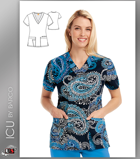 ICU by Barco Paisley Print V-Neck 4 Pocket Scrub Top - Click Image to Close