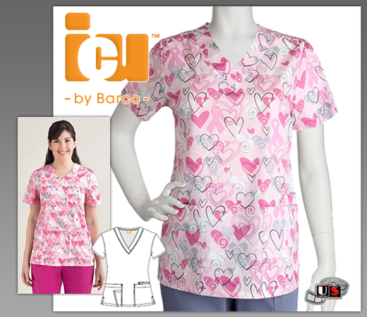 ICU Barco Pink Heart Women's Detail V-Neck Print Top - Click Image to Close