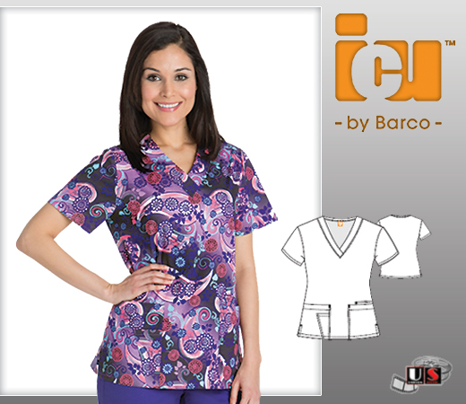 ICU Barco Pricilla Printed Top 4 Pocket V-Neck - Click Image to Close