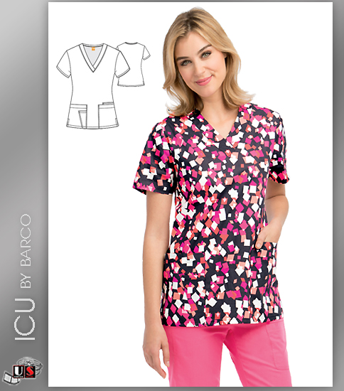 ICU by Barco Sea Gutter Print V-Neck 4 Pocket Scrub Top - Click Image to Close