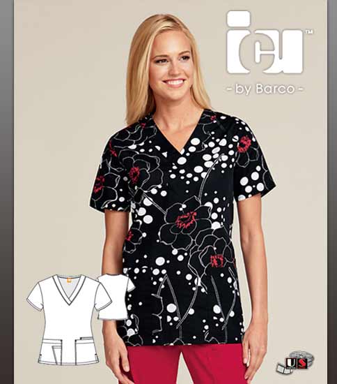 ICU by Barco Sophie Print V-Neck 4 Pocket Scrub Top - Click Image to Close