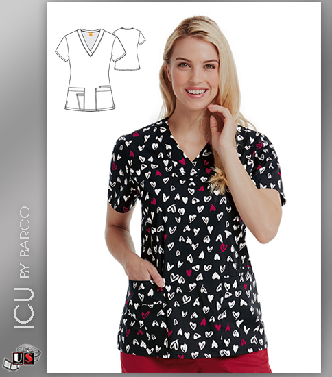 ICU by Barco Sweetheart Print V-Neck 4 Pocket Scrub Top - Click Image to Close