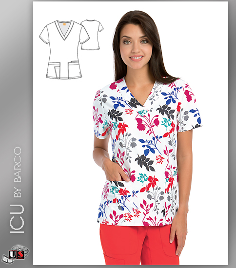 ICU by Barco Water Lily Print V-Neck 4 Pocket Scrub Top - Click Image to Close