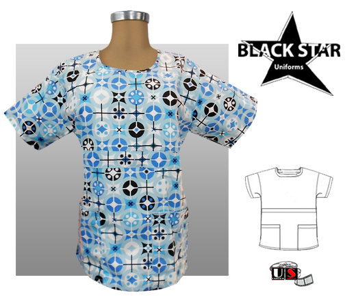 BlackStar Printed Round Neck Scrub Top - Blue Op Art - Click Image to Close