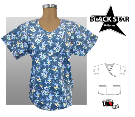 BlackStar Printed Mock Wrap Scrub Top - Blue Butterflies - Click Image to Close