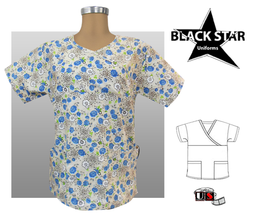 BlackStar Printed Mock Wrap Scrub Top - Blue Carnation - Click Image to Close