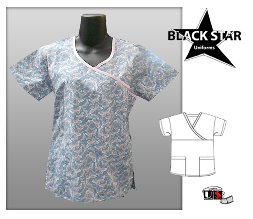 BlackStar Printed Mock Wrap Scrub Top - Gray Pink Butterflies - Click Image to Close