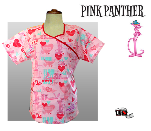 Pink Panther XOXO Printed Mock Wrap Scrub Top - Click Image to Close