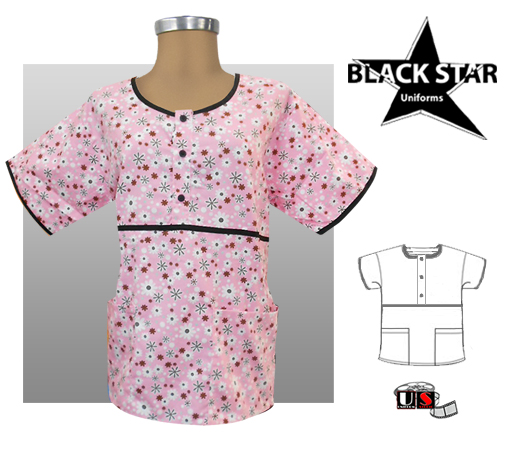 BlackStar Printed Round Neck with Buttons Scrub Top - Daffodils - Click Image to Close