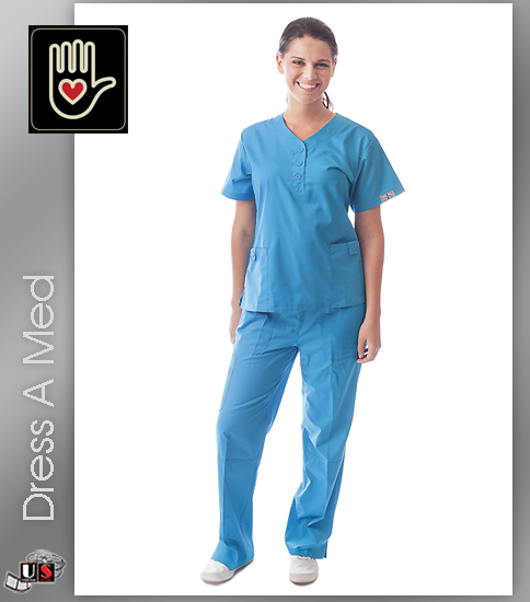 Dress A Med Solid Premium Mock Wrap 2 Pocket Top Set Turquoise - Click Image to Close