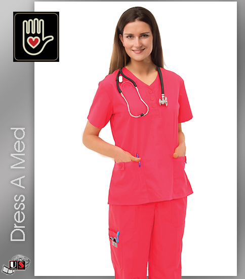 Dress A Med Solid Premium Mock Wrap 2 Pocket Top Set Watermelon - Click Image to Close