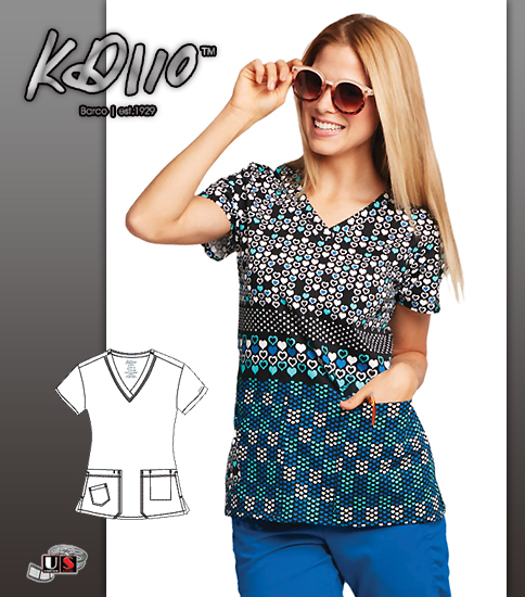 KD110 BY Barco I Heart You Two Pockets V-Neck Print Scrub Top - Click Image to Close
