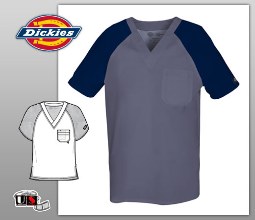 Dickies Men's Double Chest Pocket V-Neck Top in Pewter/Navy - Click Image to Close