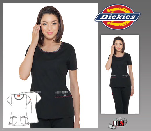 Dickies I Love Plaid Round Neck Scrub Top in Black - Click Image to Close