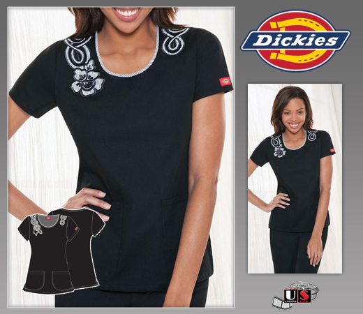 Dickies Fashion Solids Round Neck Embroidered Scrub Top - Click Image to Close