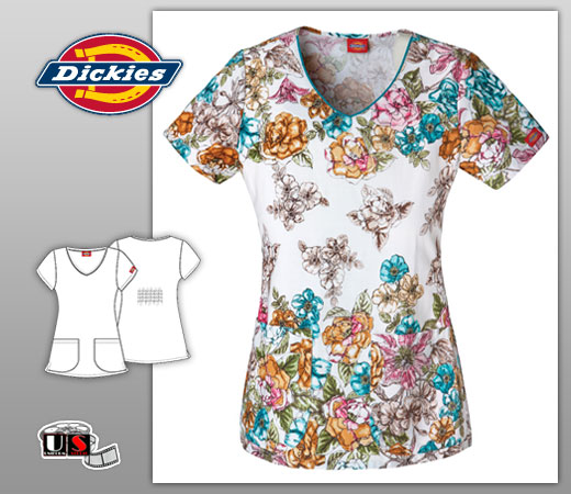Dickies Printed V-Neck Top - Floral Fairy Tale - Click Image to Close