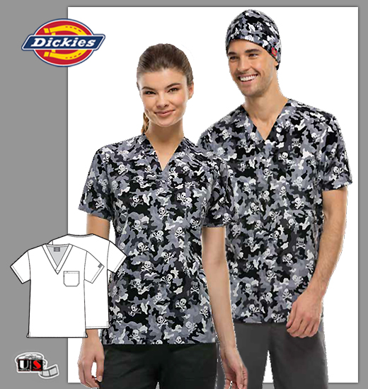 Dickies EDS Hidden Hallow Pewter Unisex V-Neck Top - Click Image to Close