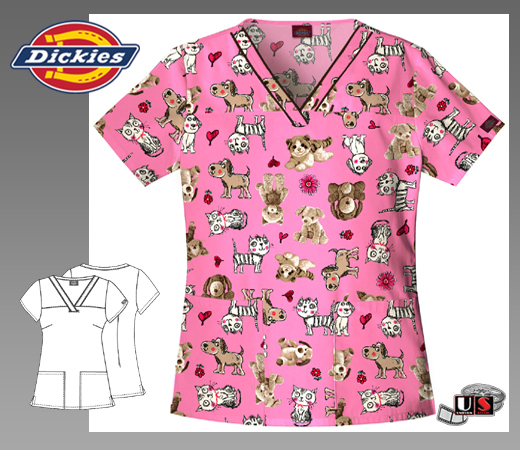 Dickies Printed V-Neck Top in Cuddle Buddies - Click Image to Close