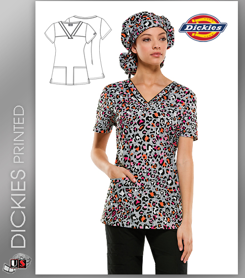 Dickies EDS Women's V-Neck Let There Be Leopard Print Scrub Top - Click Image to Close