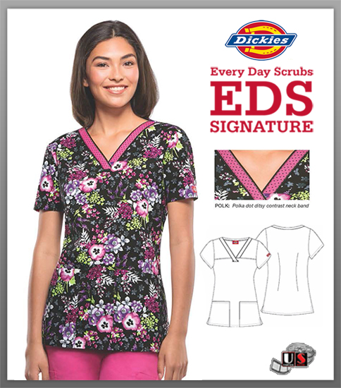 Dickies EDS Printed Polka Dot Posies V-Neck Top - Click Image to Close