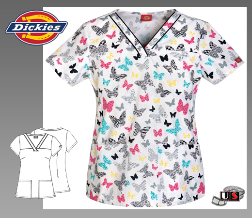 Dickies Printed V-Neck Top in Wild Monarch - Click Image to Close