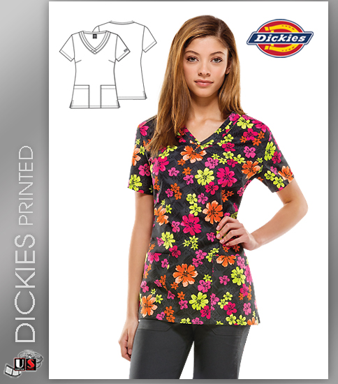 Dickies EDS Women's V-Neck Aloha Floral Print Scrub Top - Click Image to Close